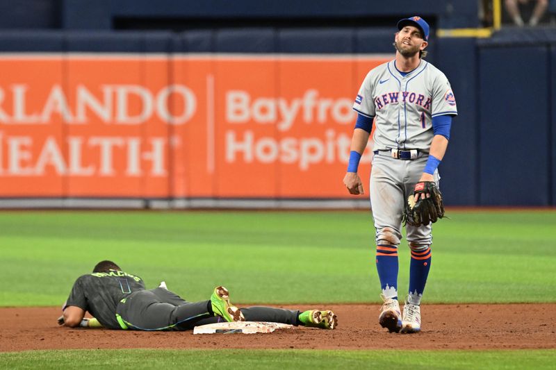 May 5, 2024; St. Petersburg, Florida, USA;  New York Mets second baseman Jeff McNeil (1) reacts after a call in the fourth inning against the Tampa Bay Rays at Tropicana Field. Mandatory Credit: Jonathan Dyer-USA TODAY Sports