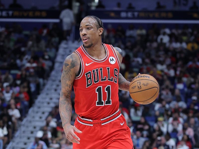 NEW ORLEANS, LOUISIANA - FEBRUARY 25: DeMar DeRozan #11 of the Chicago Bulls drives with the ball against the New Orleans Pelicans during the second half at the Smoothie King Center on February 25, 2024 in New Orleans, Louisiana. NOTE TO USER: User expressly acknowledges and agrees that, by downloading and or using this Photograph, user is consenting to the terms and conditions of the Getty Images License Agreement. (Photo by Jonathan Bachman/Getty Images)