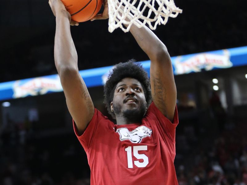 Feb 11, 2023; Fayetteville, Arkansas, USA; Arkansas Razorbacks forward Makhi Mitchell (15) warms up prior to the game against the Mississippi State Bulldogs at Bud Walton Arena. Mandatory Credit: Nelson Chenault-USA TODAY Sports