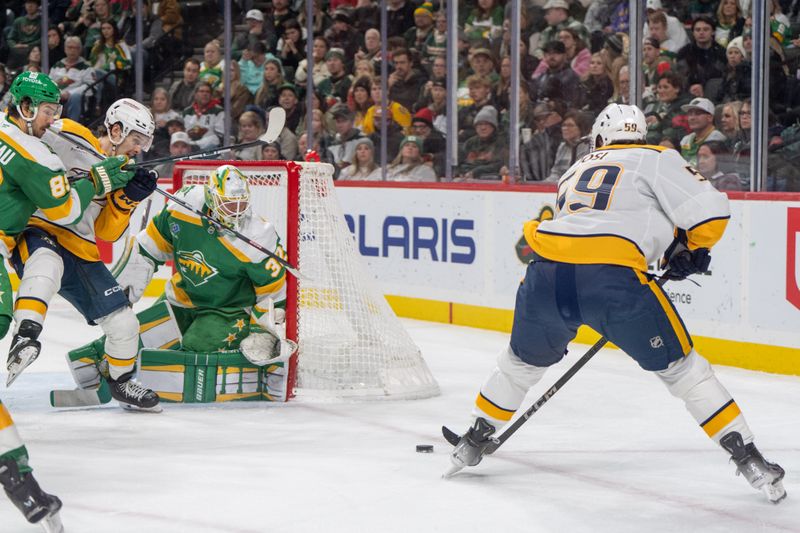 Dec 31, 2024; Saint Paul, Minnesota, USA; Nashville Predators defenseman Roman Josi (59) looks to shoot as center Tommy Novak (82) is upended by Minnesota Wild center Frederick Gaudreau (89) in the third period at Xcel Energy Center. Mandatory Credit: Matt Blewett-Imagn Images