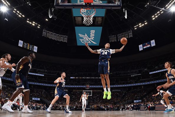 DENVER, CO - NOVEMBER 6: Jordan Hawkins #24 of the New Orleans Pelicans rebounds the ball during the game against the Denver Nuggets on November 6, 2023 at the Ball Arena in Denver, Colorado. NOTE TO USER: User expressly acknowledges and agrees that, by downloading and/or using this Photograph, user is consenting to the terms and conditions of the Getty Images License Agreement. Mandatory Copyright Notice: Copyright 2023 NBAE (Photo by Garrett Ellwood/NBAE via Getty Images)