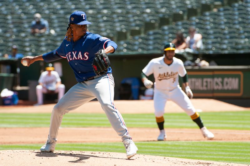 May 7, 2024; Oakland, California, USA; Texas Rangers pitcher José Ureña (54) throws against the Oakland Athletics during the first inning at Oakland-Alameda County Coliseum. Mandatory Credit: Ed Szczepanski-USA TODAY Sports