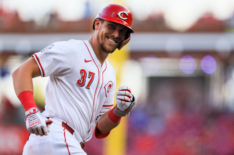 Aug 14, 2024; Cincinnati, Ohio, USA; Cincinnati Reds catcher Tyler Stephenson (37) reacts after hitting a solo home run in the third inning against the St. Louis Cardinals at Great American Ball Park. Mandatory Credit: Katie Stratman-USA TODAY Sports