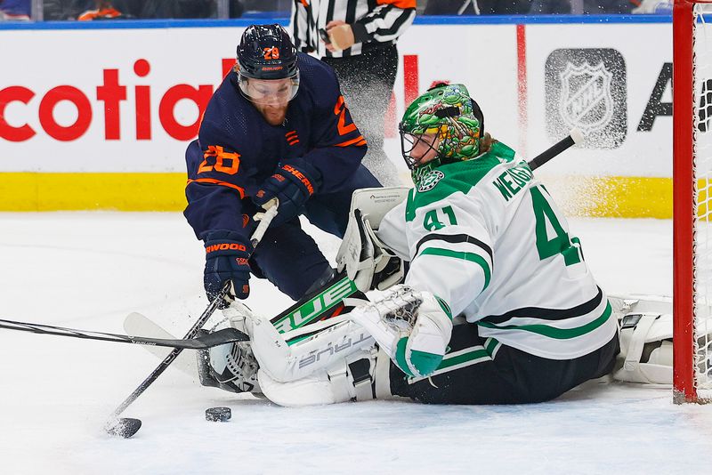 Nov 2, 2023; Edmonton, Alberta, CAN; Dallas Stars goaltender Scott Wedgewood (41) makes a save on Edmonton Oilers forward Connor Brown (28) during the first period at Rogers Place. Mandatory Credit: Perry Nelson-USA TODAY Sports