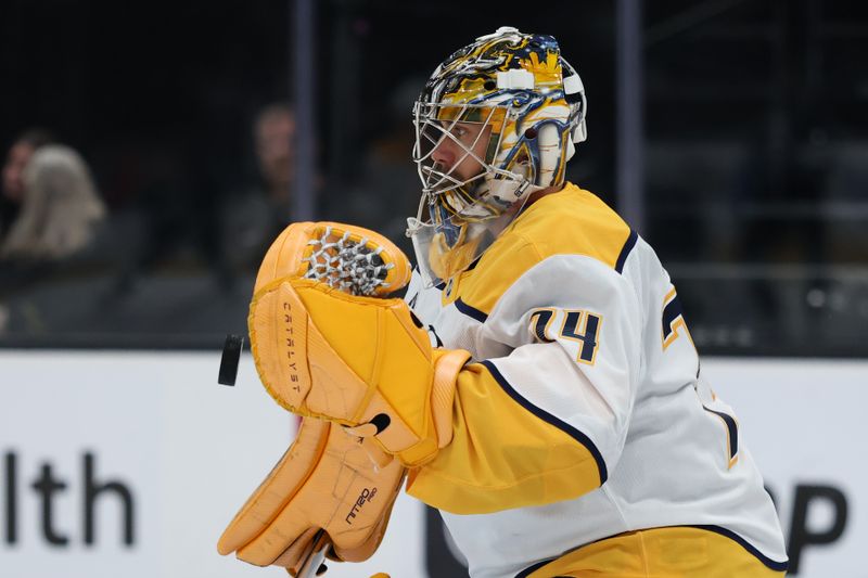 Dec 29, 2025; Salt Lake City, Utah, USA; Nashville Predators goaltender Juuse Saros (74) warms up before a game against the Utah Mammoth at Delta Center. Mandatory Credit: Rob Gray-Imagn Images