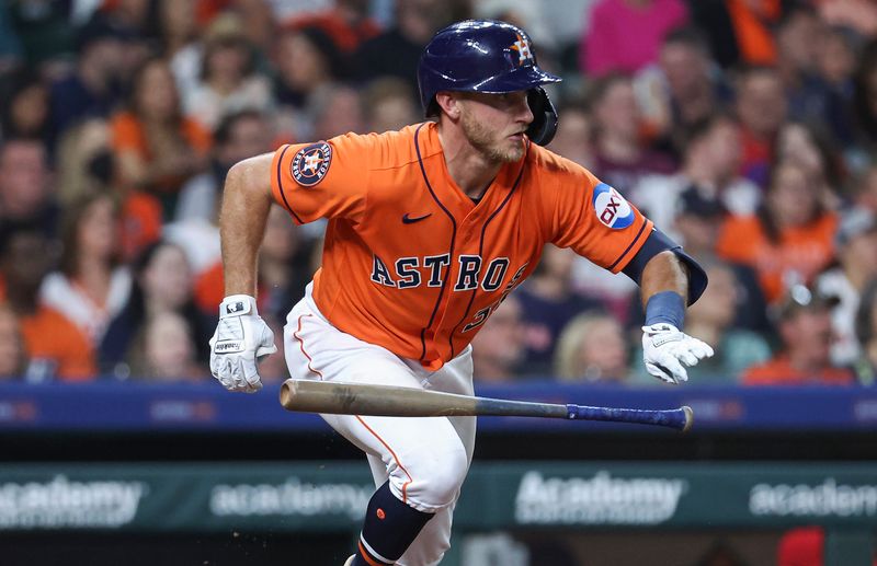 Apr 30, 2023; Houston, Texas, USA; Houston Astros second baseman Rylan Bannon (38) bats during the sixth inning against the Philadelphia Phillies at Minute Maid Park. Mandatory Credit: Troy Taormina-USA TODAY Sports