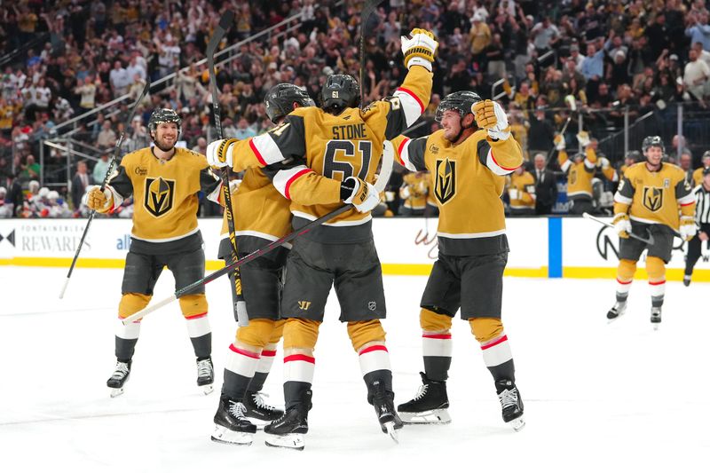 Mar 26, 2026; Las Vegas, Nevada, USA; Vegas Golden Knights right wing Mark Stone (61) celebrates with team mates after scoring a goal against the Edmonton Oilers during the second period at T-Mobile Arena. Mandatory Credit: Stephen R. Sylvanie-Imagn Images