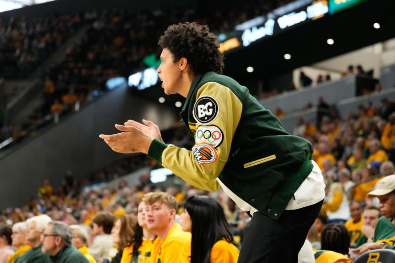 Feb 18, 2024; Waco, Texas, USA;  Brittney Griner reacts to a Baylor score against against the Texas Tech Red Raiders during the first half at Paul and Alejandra Foster Pavilion. Mandatory Credit: Chris Jones-USA TODAY Sports

