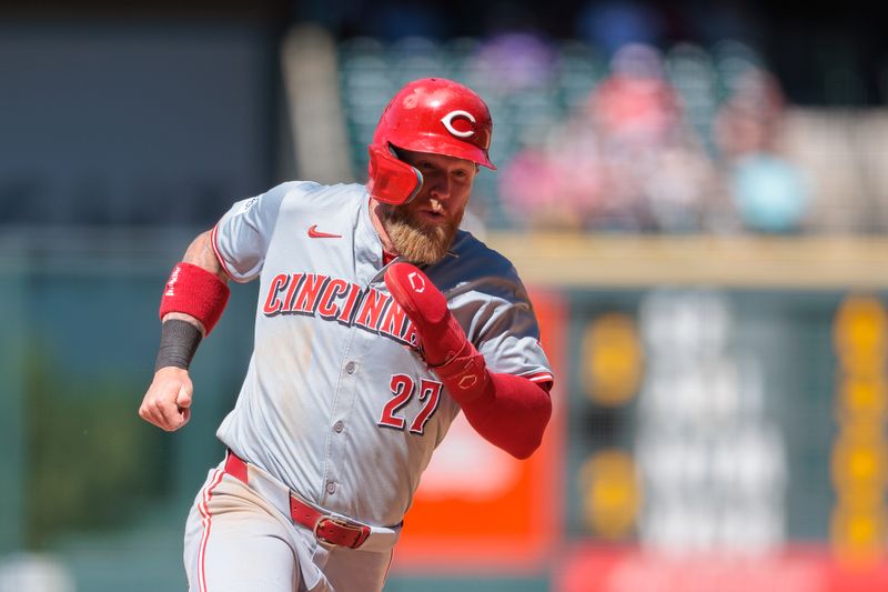 Jun 5, 2024; Denver, Colorado, USA; Cincinnati Reds pitcher Nick Martinez (28) runs to home during the eighth inning against the Colorado Rockies at Coors Field. Mandatory Credit: Andrew Wevers-USA TODAY Sports