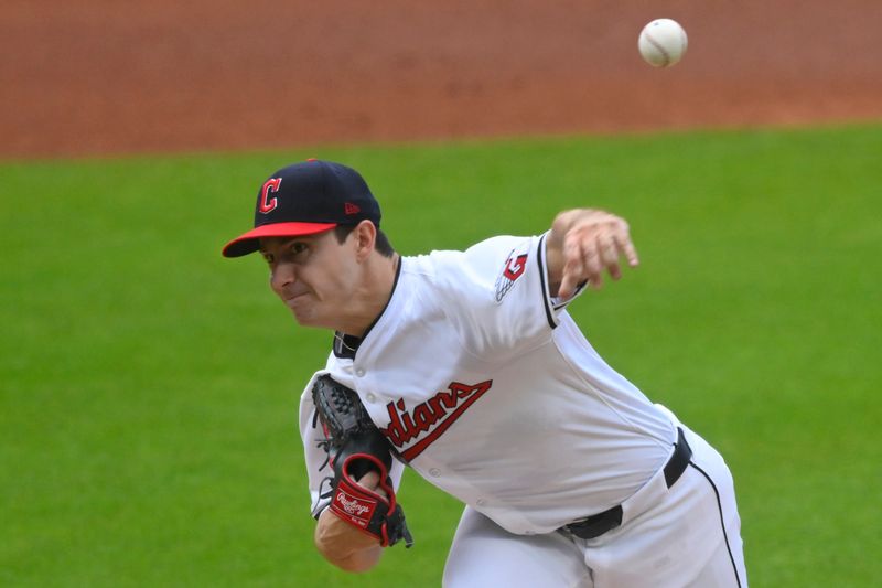 Jul 6, 2024; Cleveland, Ohio, USA; Cleveland Guardians starting pitcher Logan Allen (41) delivers a pitch in the first inning against the San Francisco Giants at Progressive Field. Mandatory Credit: David Richard-USA TODAY Sports