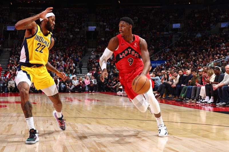 TORONTO, CANADA - FEBRUARY 14: RJ Barrett #9 of the Toronto Raptors dribbles the ball during the game against the Indiana Pacers on February 14, 2024 at the Scotiabank Arena in Toronto, Ontario, Canada.  NOTE TO USER: User expressly acknowledges and agrees that, by downloading and or using this Photograph, user is consenting to the terms and conditions of the Getty Images License Agreement.  Mandatory Copyright Notice: Copyright 2024 NBAE (Photo by Vaughn Ridley/NBAE via Getty Images)