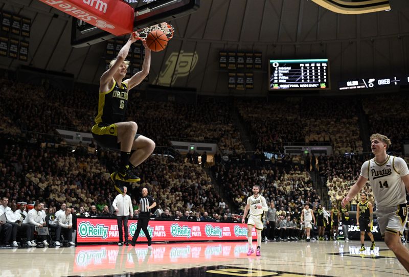 Feb 7, 2026; West Lafayette, Indiana, USA; Oregon Ducks forward Oleksandr Kobzystyi (6) dunks the ball after a steal during the first half against the Purdue Boilermakers at Mackey Arena. Mandatory Credit: Marc Lebryk-Imagn Images