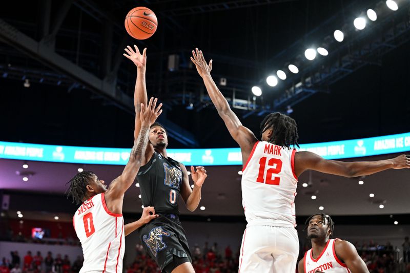 Feb 19, 2023; Houston, Texas, USA; Memphis Tigers guard Elijah McCadden (0) shoots over Houston Cougars guard Marcus Sasser (0) and guard Tramon Mark (12) during the first half at Fertitta Center. Mandatory Credit: Maria Lysaker-USA TODAY Sports