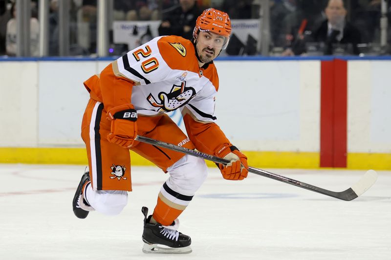 Dec 15, 2025; New York, New York, USA; Anaheim Ducks left wing Chris Kreider (20) skates against the New York Rangers during the second period at Madison Square Garden. Mandatory Credit: Brad Penner-Imagn Images