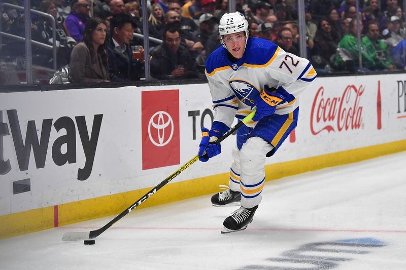 Feb 13, 2023; Los Angeles, California, USA; Buffalo Sabres center Tage Thompson (72) controls the puck against the Los Angeles Kings during the first period at Crypto.com Arena. Mandatory Credit: Gary A. Vasquez-USA TODAY Sports