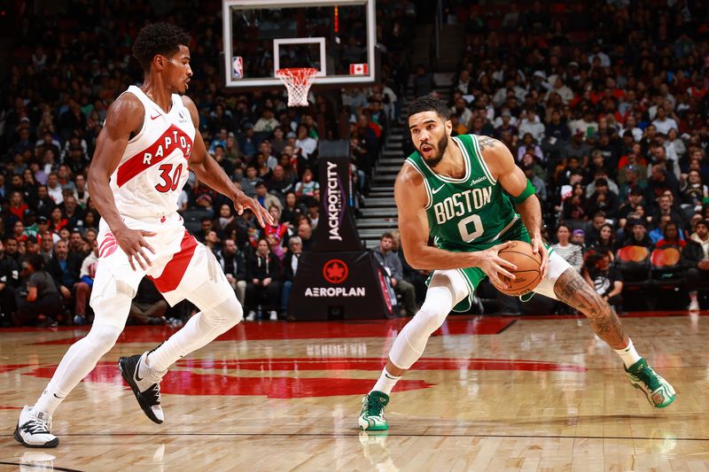 TORONTO, CANADA - OCTOBER 15: Jayson Tatum #0 of the Boston Celtics handles the ball during the game against the Toronto Raptors on October 15, 2024 at the Scotiabank Arena in Toronto, Ontario, Canada.  NOTE TO USER: User expressly acknowledges and agrees that, by downloading and or using this Photograph, user is consenting to the terms and conditions of the Getty Images License Agreement.  Mandatory Copyright Notice: Copyright 2024 NBAE (Photo by Vaughn Ridley/NBAE via Getty Images)