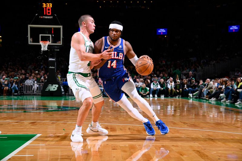 BOSTON, MA - OCTOBER 12: Ricky Council IV #14 of the Philadelphia 76ers handles the ball during the game against the Boston Celtics during a NBA Preseason game on October 12, 2024 at TD Garden in Boston, Massachusetts. NOTE TO USER: User expressly acknowledges and agrees that, by downloading and/or using this Photograph, user is consenting to the terms and conditions of the Getty Images License Agreement. Mandatory Copyright Notice: Copyright 2024 NBAE (Photo by Brian Babineau/NBAE via Getty Images)