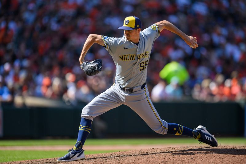 Apr 14, 2024; Baltimore, Maryland, USA; Milwaukee Brewers pitcher Hoby Milner (55) throws a pitch during the eighth inning against the Baltimore Orioles at Oriole Park at Camden Yards. Mandatory Credit: Reggie Hildred-USA TODAY Sports