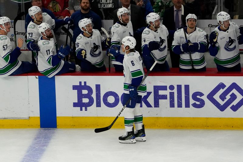 Oct 22, 2024; Chicago, Illinois, USA; Vancouver Canucks right wing Brock Boeser (6) celebrates his goal against the Chicago Blackhawks during the third period at United Center. Mandatory Credit: David Banks-Imagn Images