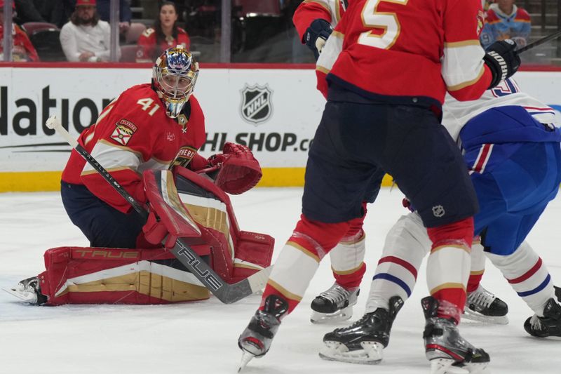 Dec 30, 2023; Sunrise, Florida, USA;  Florida Panthers goaltender Anthony Stolarz (41) locates the puck during the first period against the Montreal Canadiens at Amerant Bank Arena. Mandatory Credit: Jim Rassol-USA TODAY Sports