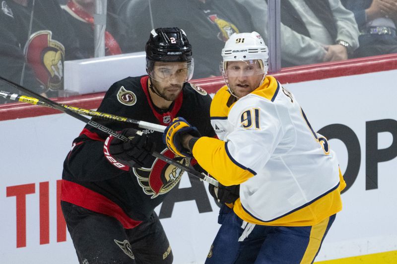 Oct 13, 2025; Ottawa, Ontario, CAN; Ottawa Senators defenseman Artem Zub (2) battles with Nashville Predators center Steven Stamkos (91) in the third period at the Canadian Tire Centre. Mandatory Credit: Marc DesRosiers-IMAGN Images