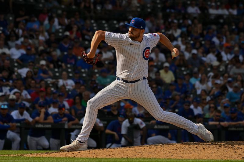 Sep 6, 2023; Chicago, Illinois, USA;  Chicago Cubs relief pitcher Luke Little (43) delivers the ball during the ninth inning against the San Francisco Giants at Wrigley Field. Mandatory Credit: Matt Marton-USA TODAY Sports