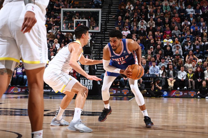 SALT LAKE CITY, UT - FEBRUARY 1: Tobias Harris #12 of the Philadelphia 76ers handles the ball during the game against the Utah Jazz on February 1, 2024 at Delta Center in Salt Lake City, Utah. NOTE TO USER: User expressly acknowledges and agrees that, by downloading and or using this Photograph, User is consenting to the terms and conditions of the Getty Images License Agreement. Mandatory Copyright Notice: Copyright 2024 NBAE (Photo by Melissa Majchrzak/NBAE via Getty Images)