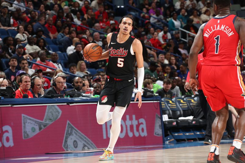 NEW ORLEANS, LA - MARCH 16: Dalano Banton #5 of the Portland Trail Blazers dribbles the ball during the game against the New Orleans Pelicans on March 16, 2024 at the Smoothie King Center in New Orleans, Louisiana. NOTE TO USER: User expressly acknowledges and agrees that, by downloading and or using this Photograph, user is consenting to the terms and conditions of the Getty Images License Agreement. Mandatory Copyright Notice: Copyright 2024 NBAE (Photo by Layne Murdoch Jr./NBAE via Getty Images)