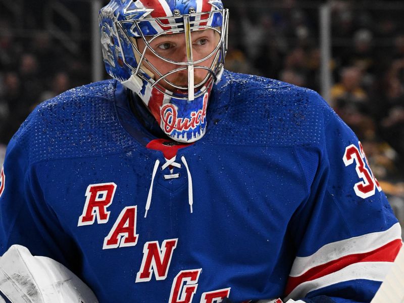 Mar 21, 2024; Boston, Massachusetts, USA; New York Rangers goaltender Jonathan Quick (32) skates to the net before a game against the Boston Bruins at the TD Garden. Mandatory Credit: Brian Fluharty-USA TODAY Sports