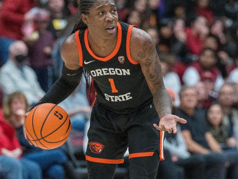 Jan 27, 2023; Stanford, California, USA; Oregon State Beavers guard Bendu Yeaney (1) reacts to instructions called out by Oregon State Beavers head coach Scott Rueck (not pictured) during the third quarter at Maples Pavilion. Mandatory Credit: Neville E. Guard-USA TODAY Sports