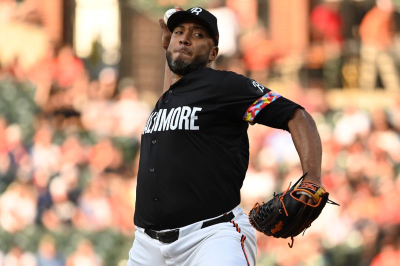 Jun 28, 2024; Baltimore, Maryland, USA; Baltimore Orioles pitcher Albert Suárez (49) throws a first inning pitch against the Texas Rangers  at Oriole Park at Camden Yards. Mandatory Credit: Tommy Gilligan-USA TODAY Sports