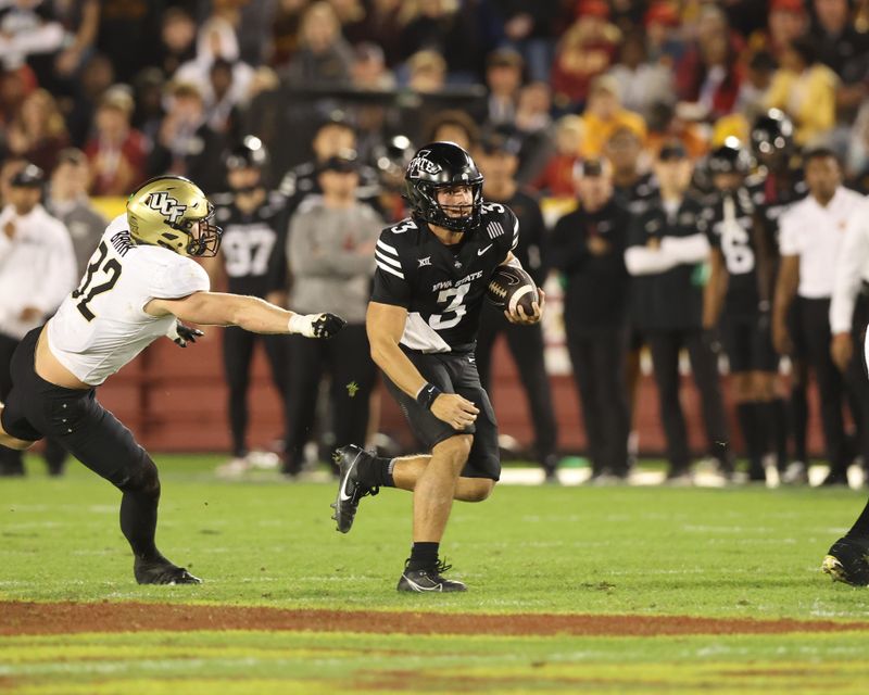 Oct 19, 2024; Ames, Iowa, USA; Iowa State Cyclones quarterback Rocco Becht (3) runs for a first down against the UCF Knights at Jack Trice Stadium. Mandatory Credit: Reese Strickland-Imagn Images