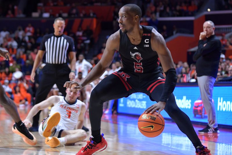 Jan 21, 2024; Champaign, Illinois, USA; Rutgers Scarlet Knights forward Aundre Hyatt (5) drives the ball past Illinois Fighting Illini guard Marcus Domask (3) during the second half at State Farm Center. Mandatory Credit: Ron Johnson-USA TODAY Sports