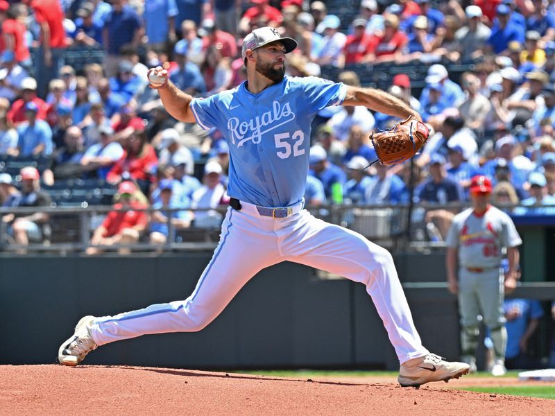 May 18, 2025; Kansas City, Missouri, USA;  Kansas City Royals starting pitcher Michael Wacha (52) throws a pitch in the first inning against the St. Louis Cardinals at Kauffman Stadium. Mandatory Credit: Peter Aiken-Imagn Images