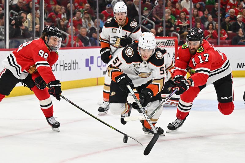 Mar 12, 2024; Chicago, Illinois, USA; Anaheim Ducks defenseman Olen Zellweger (51) battles for control of the puck with Chicago Blackhawks forward Connor Bedard (98) and forward Nick Foligno (17) in the first period at United Center. Mandatory Credit: Jamie Sabau-USA TODAY Sports