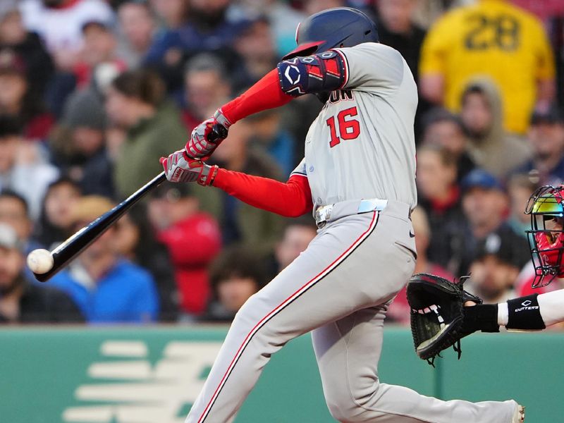 May 10, 2024; Boston, Massachusetts, USA; Washington Nationals right fielder Victor Robles (16) hits a single against the Boston Red Sox during the second inning at Fenway Park. Mandatory Credit: Gregory Fisher-USA TODAY Sports