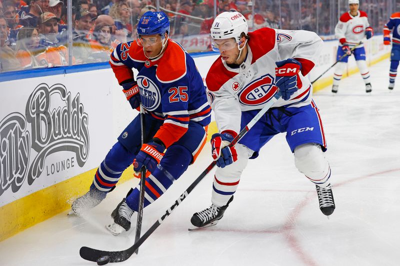 Mar 19, 2024; Edmonton, Alberta, CAN; Edmonton Oilers defensemen Darnell Nurse (25) and Montreal Canadiens forward Jake Evans (71) Battle along the boards for a loose puck  during the second period at Rogers Place. Mandatory Credit: Perry Nelson-USA TODAY Sports