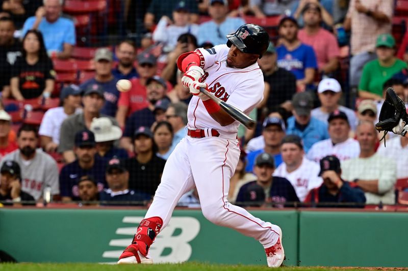 Sep 12, 2023; Boston, Massachusetts, USA; Boston Red Sox second baseman Enmanuel Valdez (47) bats against the New York Yankees during the fifth inning at Fenway Park. Mandatory Credit: Eric Canha-USA TODAY Sports