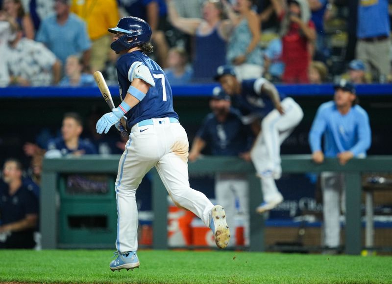 Jul 28, 2023; Kansas City, Missouri, USA; Kansas City Royals shortstop Bobby Witt Jr. (7) rounds the bases after hitting a walk-off grand slam against the Minnesota Twins during the tenth inning at Kauffman Stadium. Mandatory Credit: Jay Biggerstaff-USA TODAY Sports