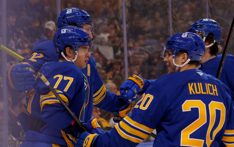 Jan 28, 2025; Buffalo, New York, USA;  Buffalo Sabres right wing JJ Peterka (77) celebrates his goal with teammates during the second period against the Boston Bruins at KeyBank Center. Mandatory Credit: Timothy T. Ludwig-Imagn Images