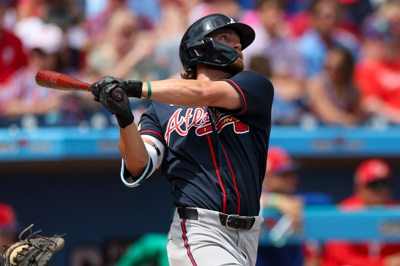 Mar 15, 2026; Clearwater, Florida, USA; Atlanta Braves shortstop Brett Wisely (0) doubles against the Philadelphia Phillies in the third inning during spring training at BayCare Ballpark. Mandatory Credit: Nathan Ray Seebeck-Imagn Images