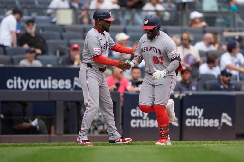 Aug 27, 2025; Bronx, New York, USA; Washington Nationals third base coach Ricky Gutierrez (12) congratulates Washington Nationals first baseman Andres Chaparro (87) for hitting a home run against the New York Yankees during the ninth inning at Yankee Stadium. Mandatory Credit: Gregory Fisher-Imagn Images