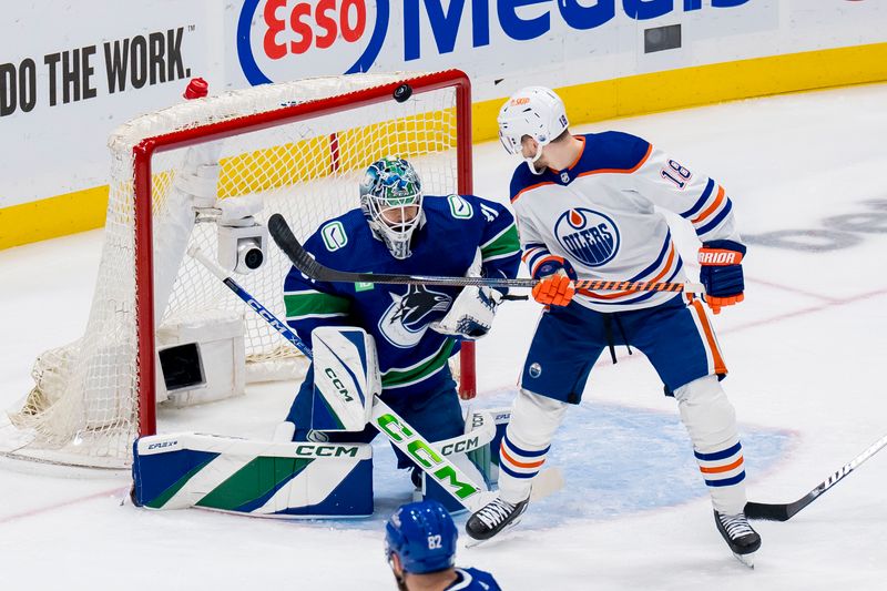 May 16, 2024; Vancouver, British Columbia, CAN; Edmonton Oilers forward Zach Hyman (18) watches the puck bounce off the crossbar above the head of Vancouver Canucks goalie Arturs Silvos (31) during the first period in game five of the second round of the 2024 Stanley Cup Playoffs at Rogers Arena. Mandatory Credit: Bob Frid-USA TODAY Sports