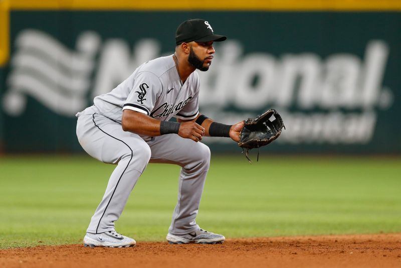 Aug 2, 2023; Arlington, Texas, USA; Chicago White Sox shortstop Elvis Andrus (1) sets for the pitch during the seventh inning against the Texas Rangers at Globe Life Field. Mandatory Credit: Andrew Dieb-USA TODAY Sports