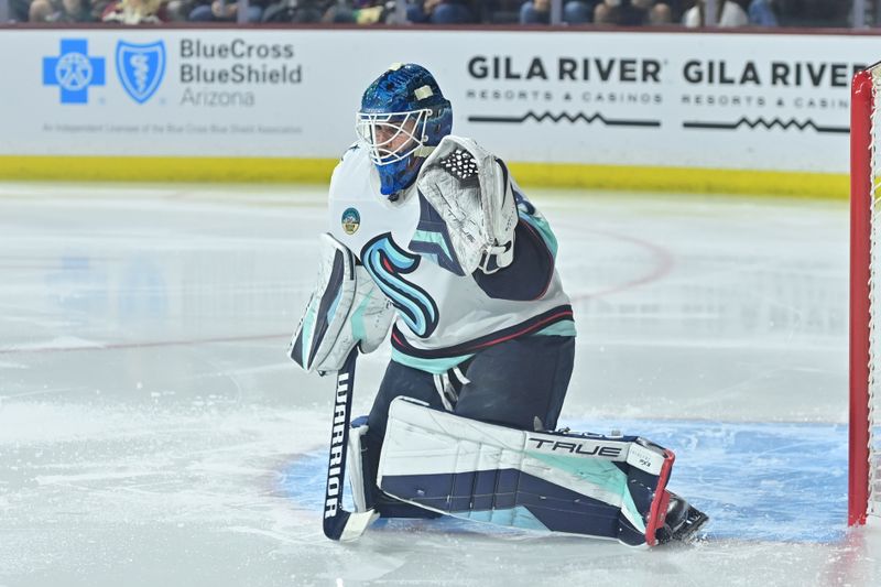 Nov 7, 2023; Tempe, Arizona, USA; Seattle Kraken goaltender Joey Daccord (35) defends during the second period against the Arizona Coyotes at Mullett Arena. Mandatory Credit: Matt Kartozian-USA TODAY Sports