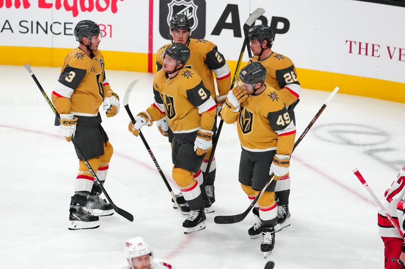 Nov 11, 2024; Las Vegas, Nevada, USA; Vegas Golden Knights center Jack Eichel (9) skates back to the bench after scoring a goal against the Carolina Hurricanes during the third period at T-Mobile Arena. Mandatory Credit: Stephen R. Sylvanie-Imagn Images