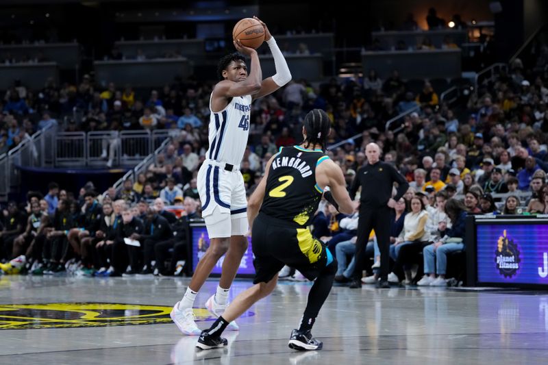 INDIANAPOLIS, INDIANA - JANUARY 28: GG Jackson #45 of the Memphis Grizzlies attempts a shot while being guarded by Andrew Nembhard #2 of the Indiana Pacers in the third quarter at Gainbridge Fieldhouse on January 28, 2024 in Indianapolis, Indiana. NOTE TO USER: User expressly acknowledges and agrees that, by downloading and or using this photograph, User is consenting to the terms and conditions of the Getty Images License Agreement. (Photo by Dylan Buell/Getty Images)