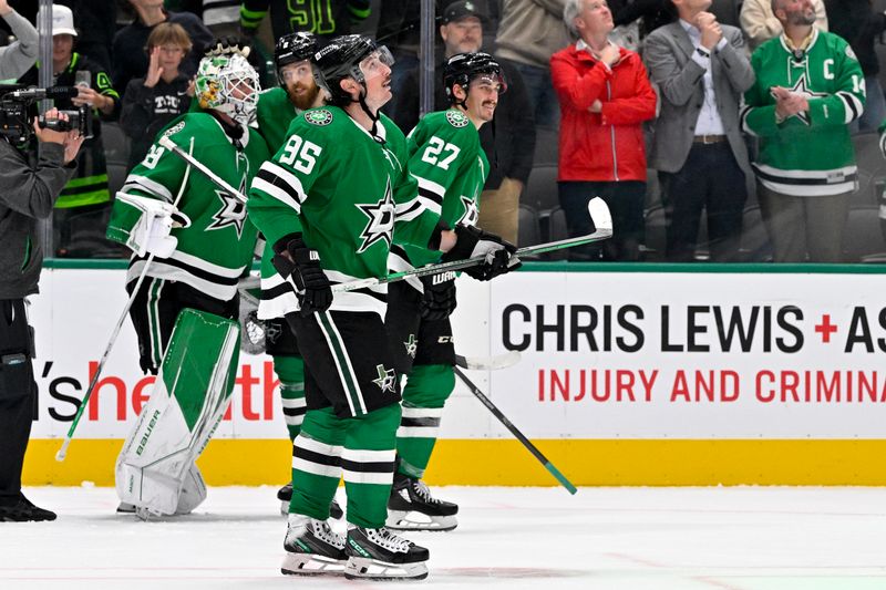 Nov 14, 2023; Dallas, Texas, USA; Dallas Stars center Matt Duchene (95) checks the replay screen after he scores the game winning goal against the Arizona Coyotes during the overtime period at the American Airlines Center. Mandatory Credit: Jerome Miron-USA TODAY Sports