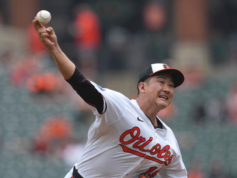 May 15, 2025; Baltimore, Maryland, USA; Baltimore Orioles pitcher Tomoyuki Sugano (19) delivers in the first inning against the Minnesota Twins at Oriole Park at Camden Yards. Mandatory Credit: Mitch Stringer-Imagn Images