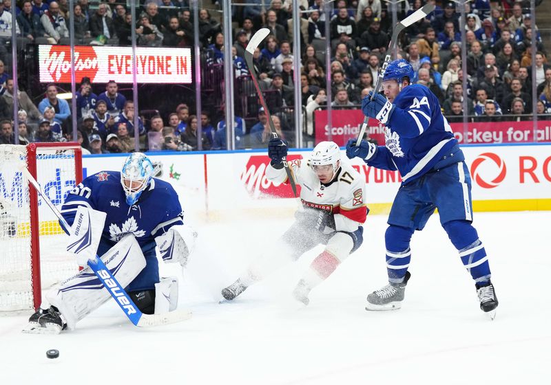 Nov 28, 2023; Toronto, Ontario, CAN; Toronto Maple Leafs defenseman Morgan Rielly (44) battles for the puck with Florida Panthers center Evan Rodrigues (17) during the overtime period at Scotiabank Arena. Mandatory Credit: Nick Turchiaro-USA TODAY Sports